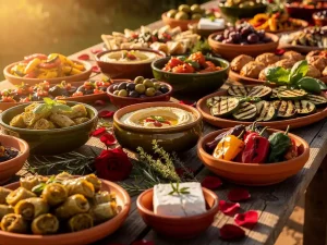 Mediterraan buffet met mezze, gegrilde groenten en tapas op rustieke houten tafel, versierd met verse kruiden en rozenblaadjes in warm middaglicht.