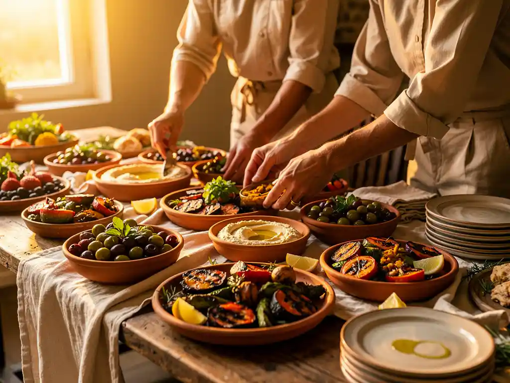 Cateringteam dat een mediterraan mezze-buffet opstelt op rustieke houten tafel met terracottakommen, olijven en gegrilde groenten bij kaarslicht.
