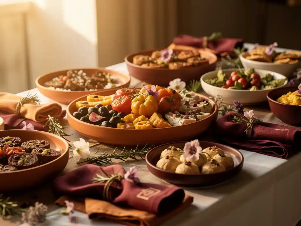 Mediterrane mezze-tafel met terracotta en bordeauxrode linnen servetten, keramische schalen en verse rozemarijn in zacht middaglicht.