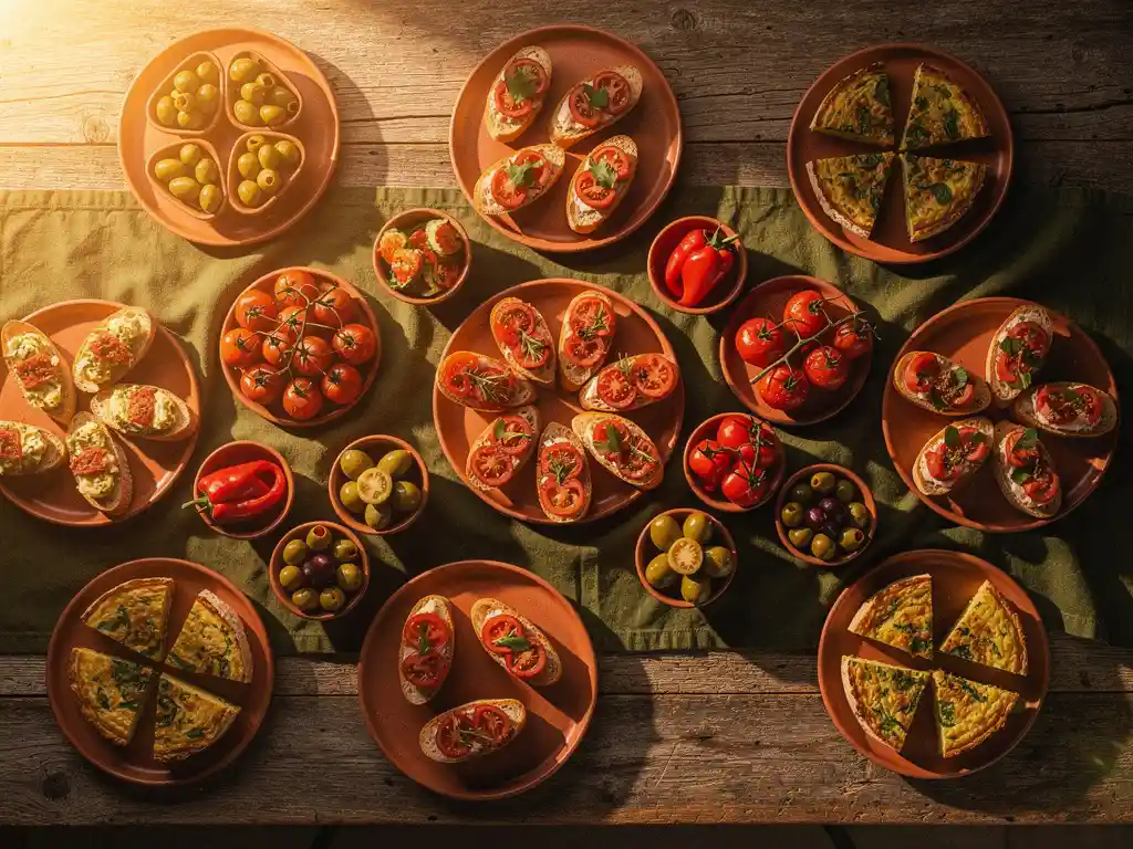 Mediterrane fingerfood spread met tapas, gevulde olijven, bruschetta en mini tortilla's op een rustieke houten tafel.