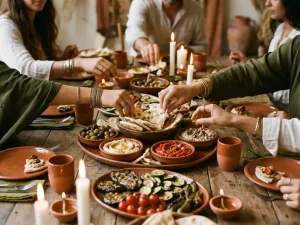 Mediterraan mezzetafel met olijven, flatbreads, kleurrijke dips en gegrilde groenten, verlicht door kaarslicht met uitgestrekte handen.